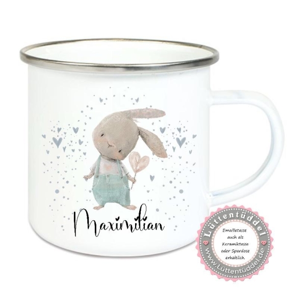 Becher Tasse Emaillebecher Hase mit ganz viel Herz  Wunschname, Einschulung KITA Dankeschön, Abschied, Jubiläum, Geschenk, von Lüttentüddel®